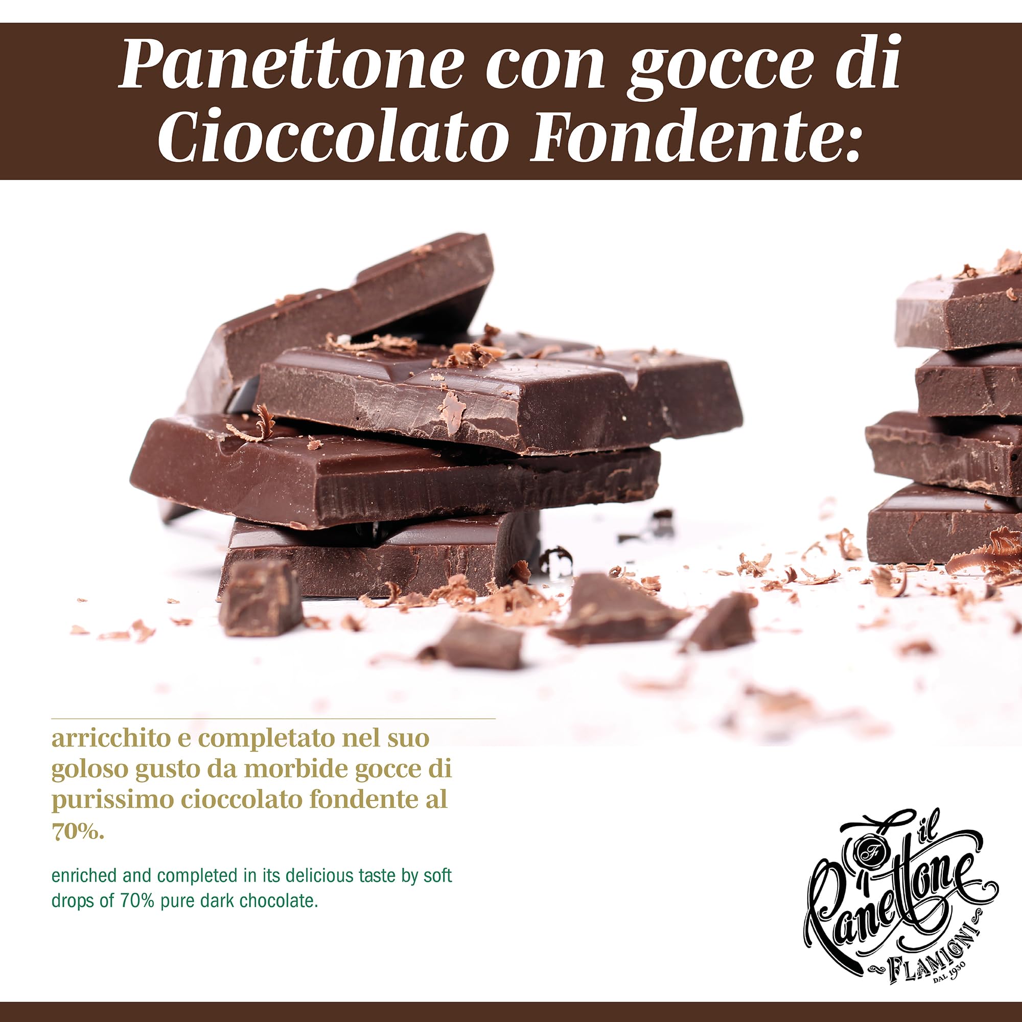 FLAMIGNI, Panettone Artigianale con Gocce di Cioccolato Fondente, Glassato con Nocciole e Mandorle, Senza Uvetta e Canditi, Confezione Incartata a Mano Ideale come Regalo di Natale, 1kg