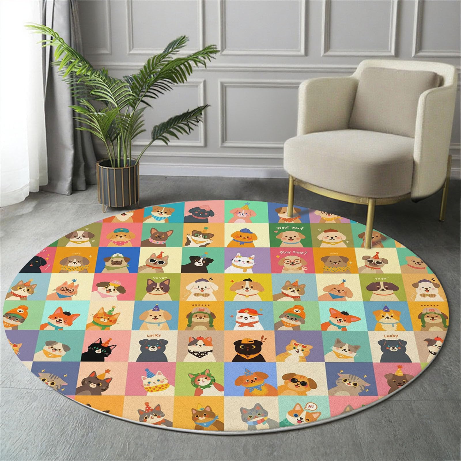 Tapis Rond Patchwork Animalier Amusant Jaune Salon 100 Cm | Tapis Antidérapant Chats Et Chiens Mignons Pour Chambre Enfant Salle Jeux Décoration, Moquette De Sol Poil Bas Lavable