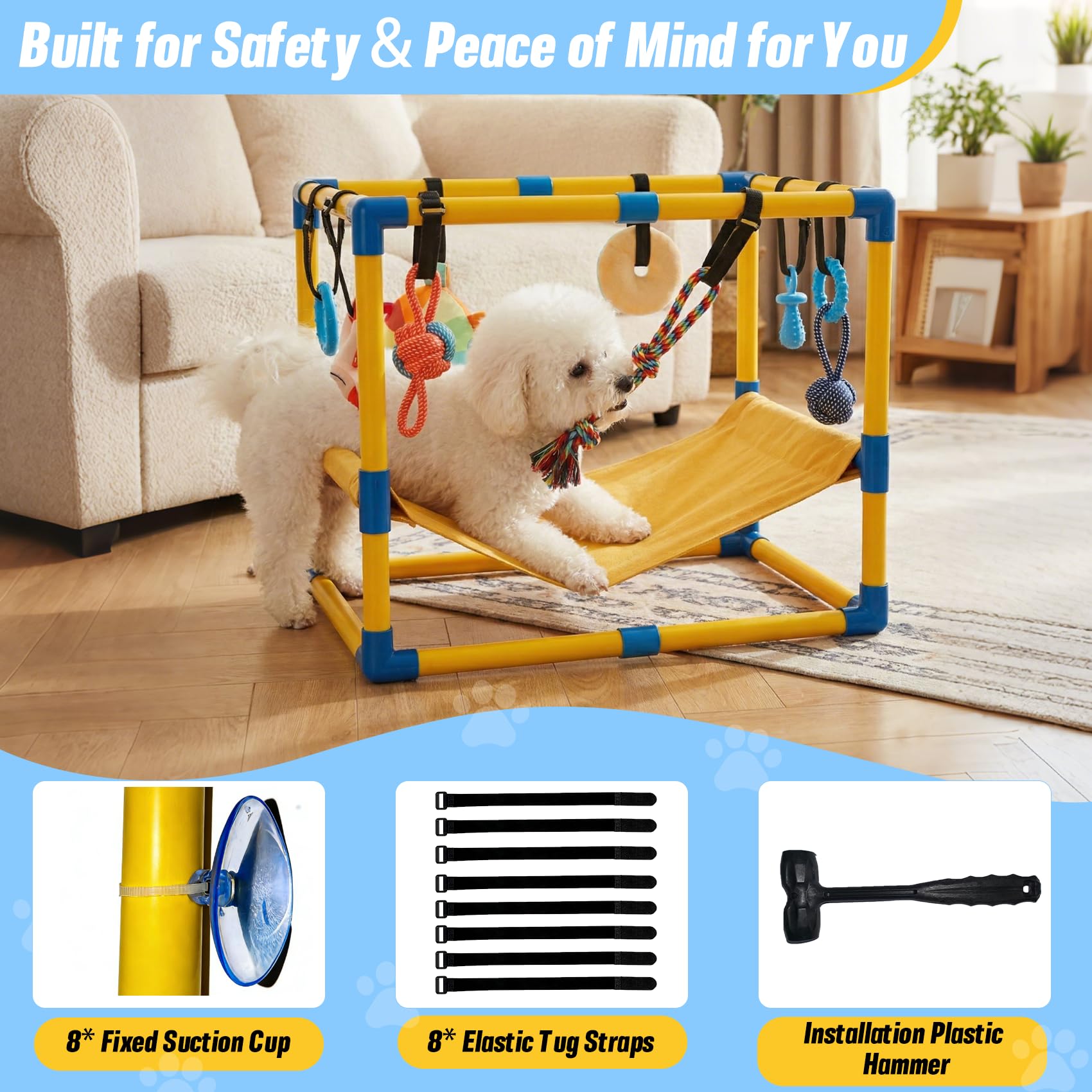 Gymnase de Jeu pour Chiot avec 8 Jouets Suspendus, Salle de Sport d'intérieur avec hamac et Jouets d'enrichissement Amusants, Cadre en PVC, Centre d'activités pour Chiots