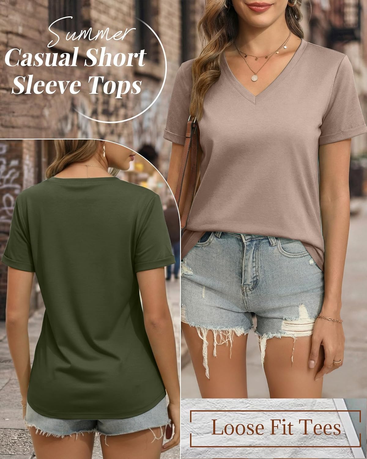 Ficerd 3 Pack Women's V Neck T Shirts, Summer Casual Short Sleeve Tops Loose Fit Rolled Sleeve Tees Trendy Shirts - Image 6