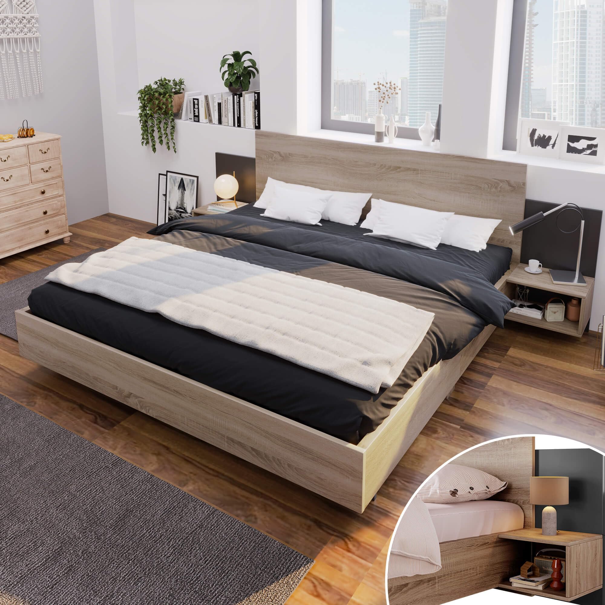 Elegante cama de matrimonio de 160 x 200 cm, con 2 cómodas de noche, cama moderna para dormitorio, juego completo de 205,5 x 235 x 76,5 cm (alto x ancho x alto) en roble Sonoma (sin colchón)
