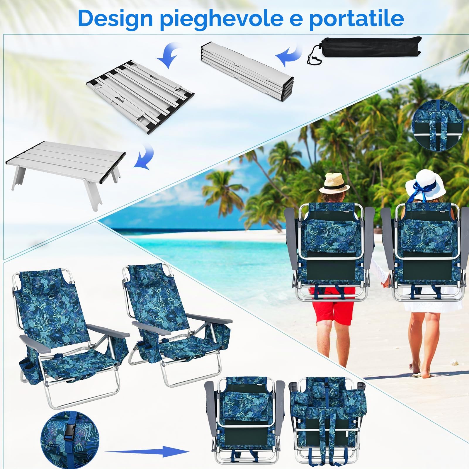 KOMFOTTEU Set di 2 Lettini Prendisole Pieghevoli e Tavolino, Lettini da Spiaggia con Poggiatesta e Schienale Regolabile, Sedie Sdraio Portatile con Borse Laterali per Giardino, Piscina (Blu Marino)
