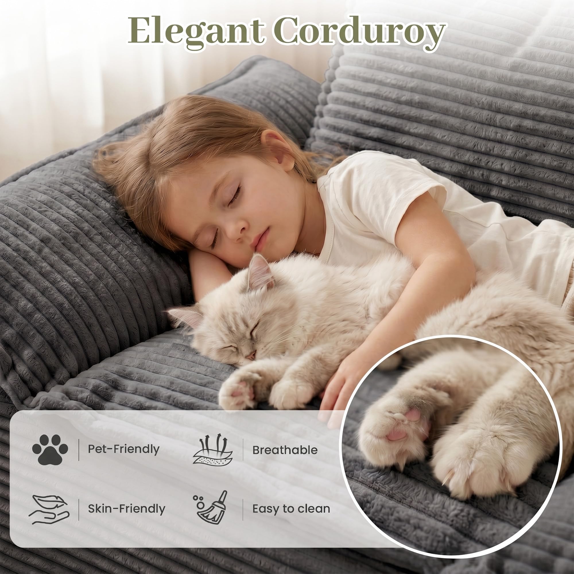 55" Convertible Corduroy Sofa Bed, Boneless Foldable Loveseat Sleeper Couch, Compressed Foam Floor Sofa with Removable Cushions & Pillows for Small Space Living Room