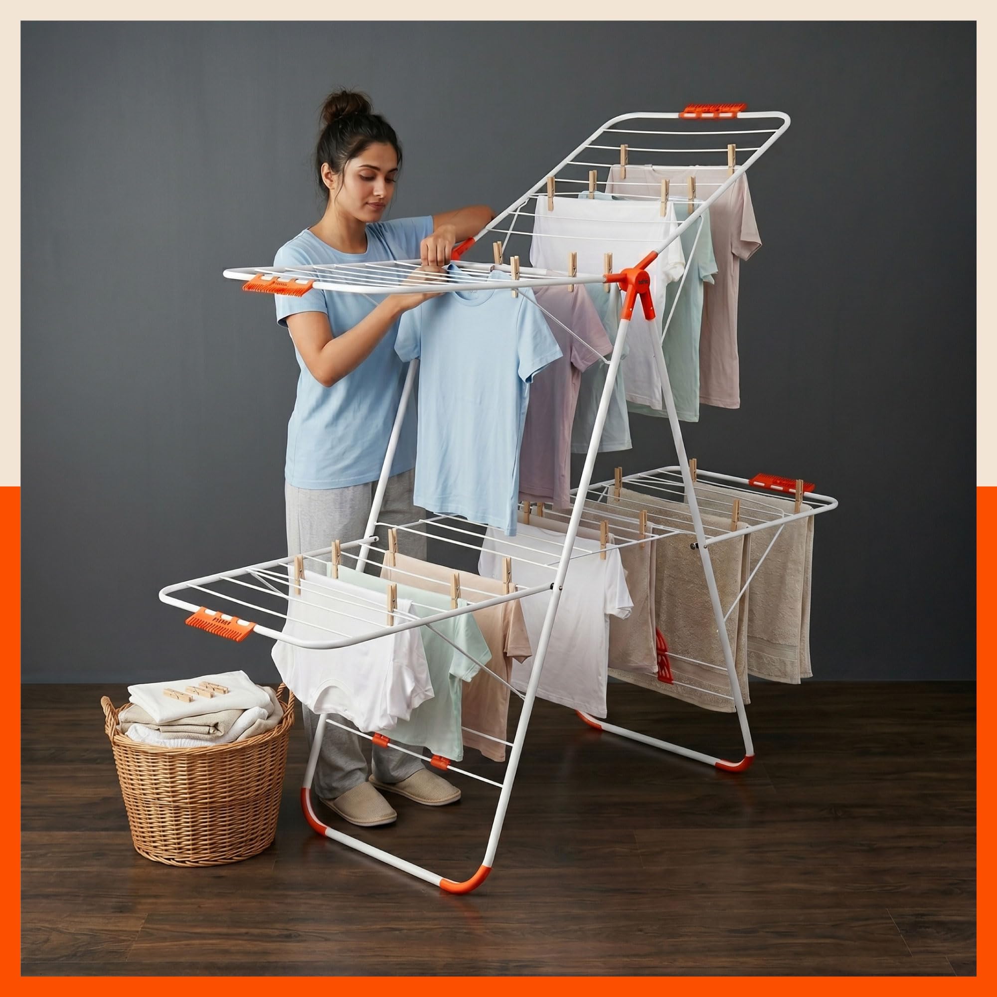 Bathla Mobidry Neo+ 2-Level Foldable Cloth Drying Stand for Home with Socks Holder | 2 Year Warranty | (White & Orange)-image-20