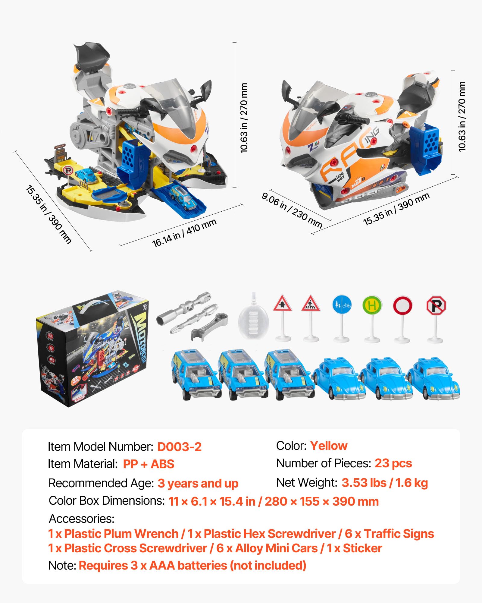 VEVOR Juguete de Motor de Motocicleta, 25 uds Mecánica de Motocicletas con Piezas Extraíbles, Luces y Sonidos, Simulación de Conducción y Carreras en Pista, a Niños a Partir de 3 Años, Amarillo
