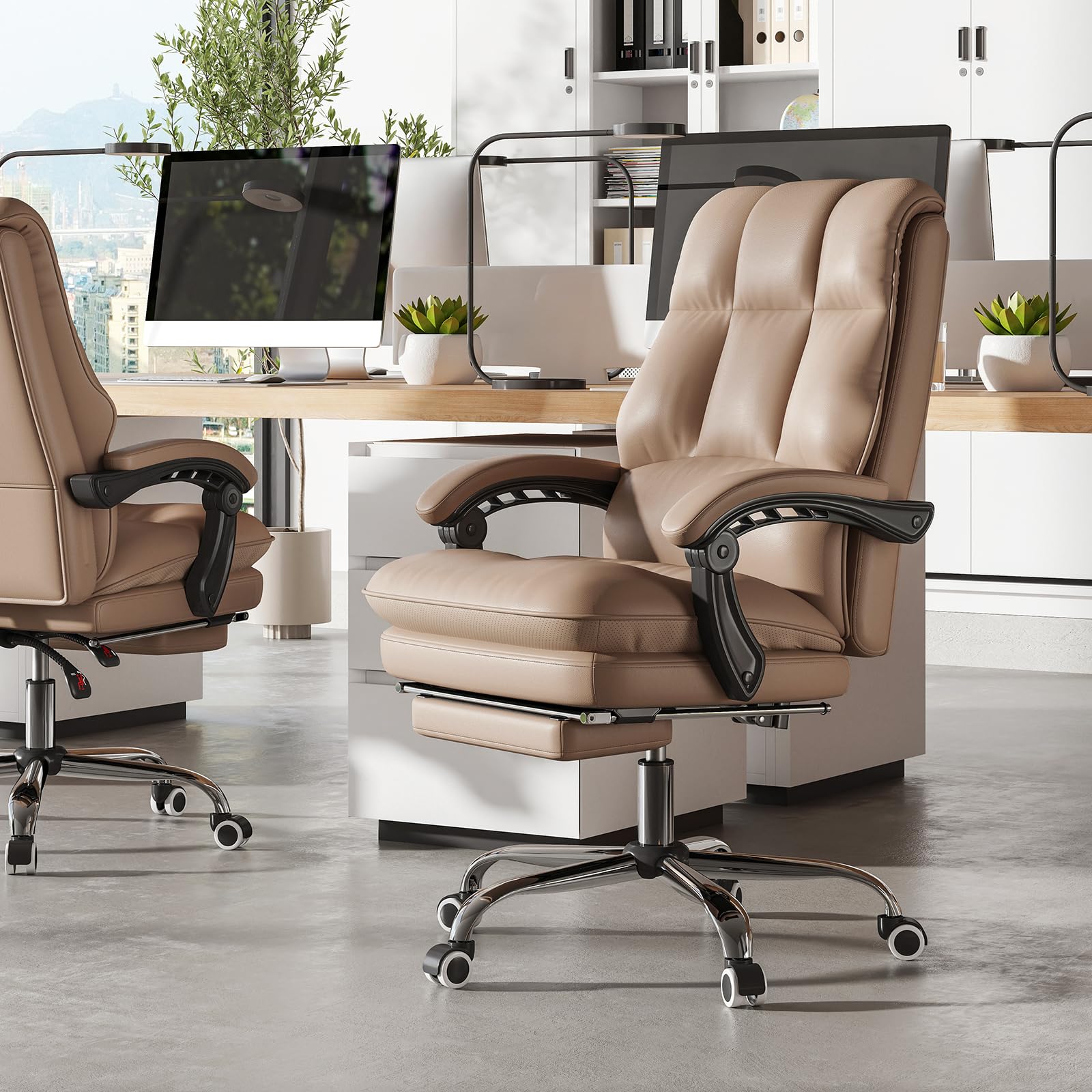 COSTWAY Ergonomischer Bürostuhl mit einziehbarer Fußstütze, Chefsessel mit Verstellbarer hoher Rückenlehne, weich gepolsterter Schreibtischstuhl aus Kunstleder, Computerstuhl, Kaffee