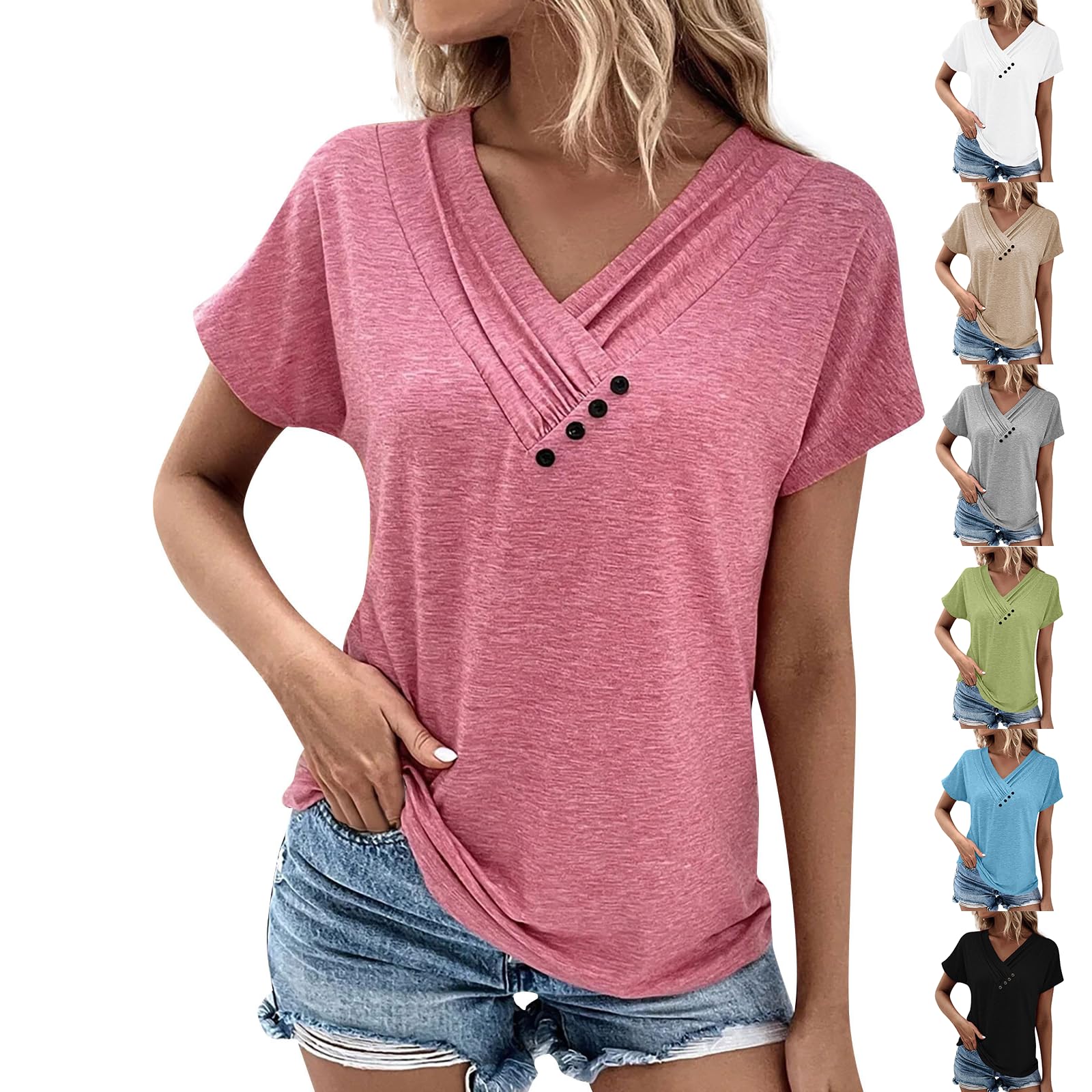Womens V Neck Tshirt Y2K Cute Holiday Loose Short Sleeve Tops Cotton Plain Preppy Funny Vacation Shirts Spring Summer Button Blouses Casual Workout Athletic Tops Clothes for Teen Girls