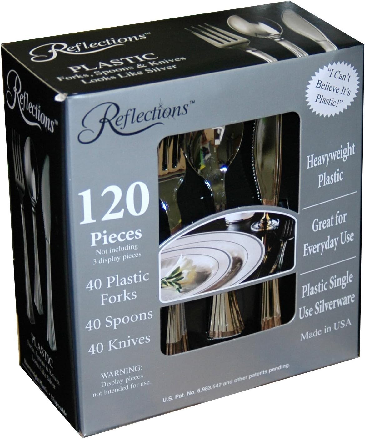 Reflections "Looks Like Silver" Plastic Silverware 120-Piece Set: 40 Plastic Forks, 40 Spoons, 40 Knives