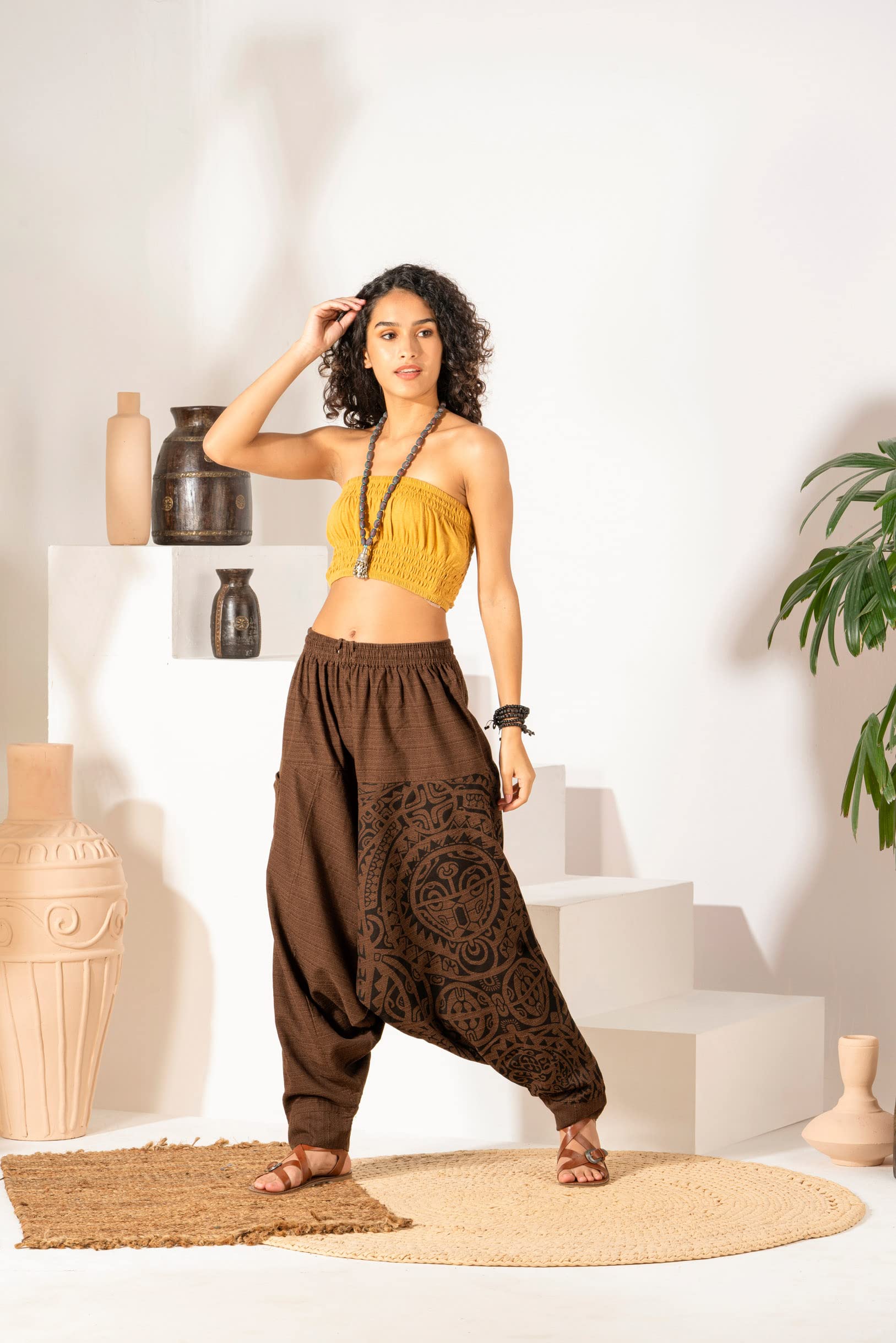 The Veshti Company Damskie spodnie haremki z nadrukiem - boho joga luźne spodnie z elastyczną talią i sznurkiem, spodnie hipisowskie