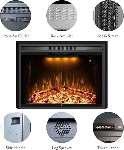 Miniatura 7 de Benrocks Insertos de chimenea eléctrica de 40 pulgadas con puerta de vidrio, calentador de chimenea eléctrico con sonido crepitante de fuego, luz