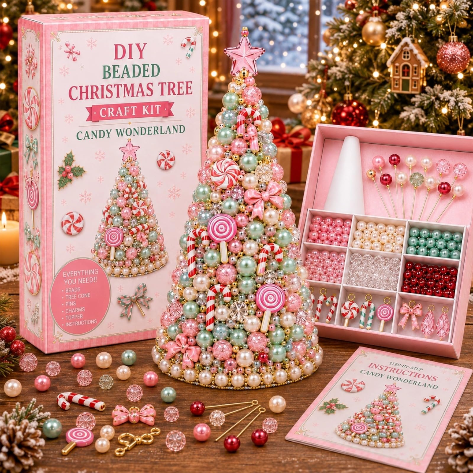 DIY Dreamy Beaded Christmas Tree Kit,Easy Pin-On,Crafts for Adults (Color|F)