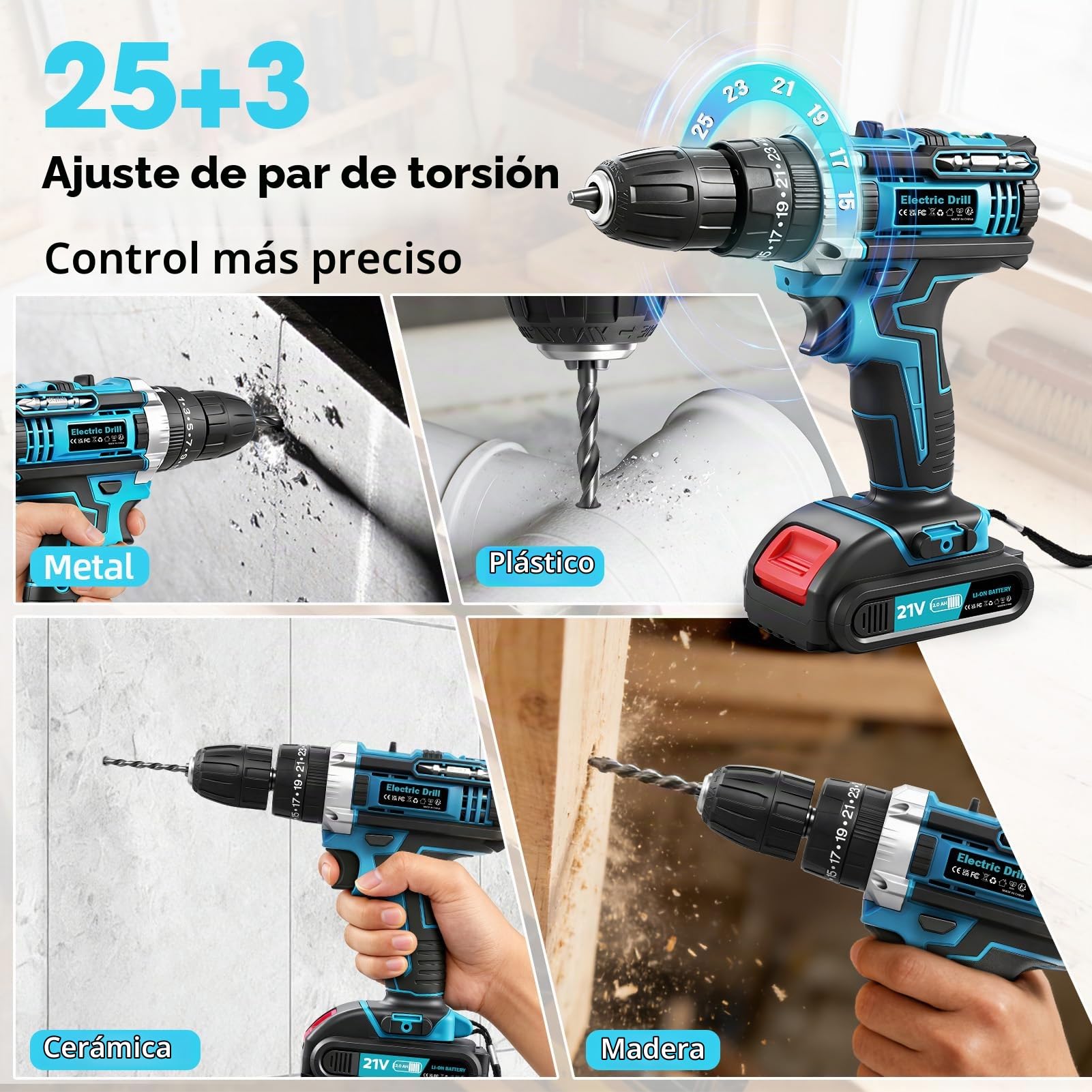 21V Destornillador Electrico, Taladro Percutor a Bateria con Batería 2000mAh, 25+3 Ajustes Par Máx 50Nm con 2 Baterías y Cargador Rápido, para Jardín Hogar y Bricolaje
