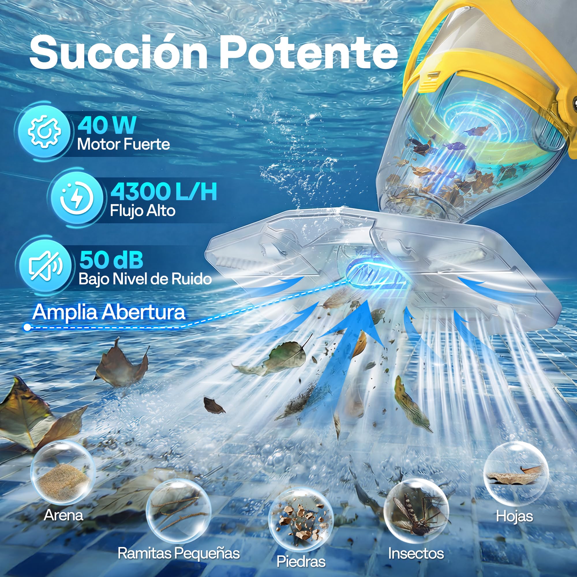 VIVOHOME 4300LPH Limpiafondos de Piscina con Indicador de Batería, Aspiradoras de Mano para Piscinas con Aluminio Extraíbles de 250cm para Jacuzzi, SPA, Piscina