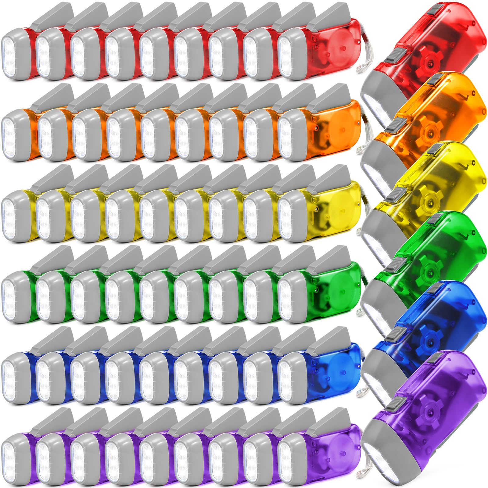 Treela Paquete de 60 linternas de manivela a granel, no requiere batería, 3 LED, dinamo de carga autoalimentado, para camping, senderismo, emergencia (rojo, azul, morado, naranja, amarillo, verde)