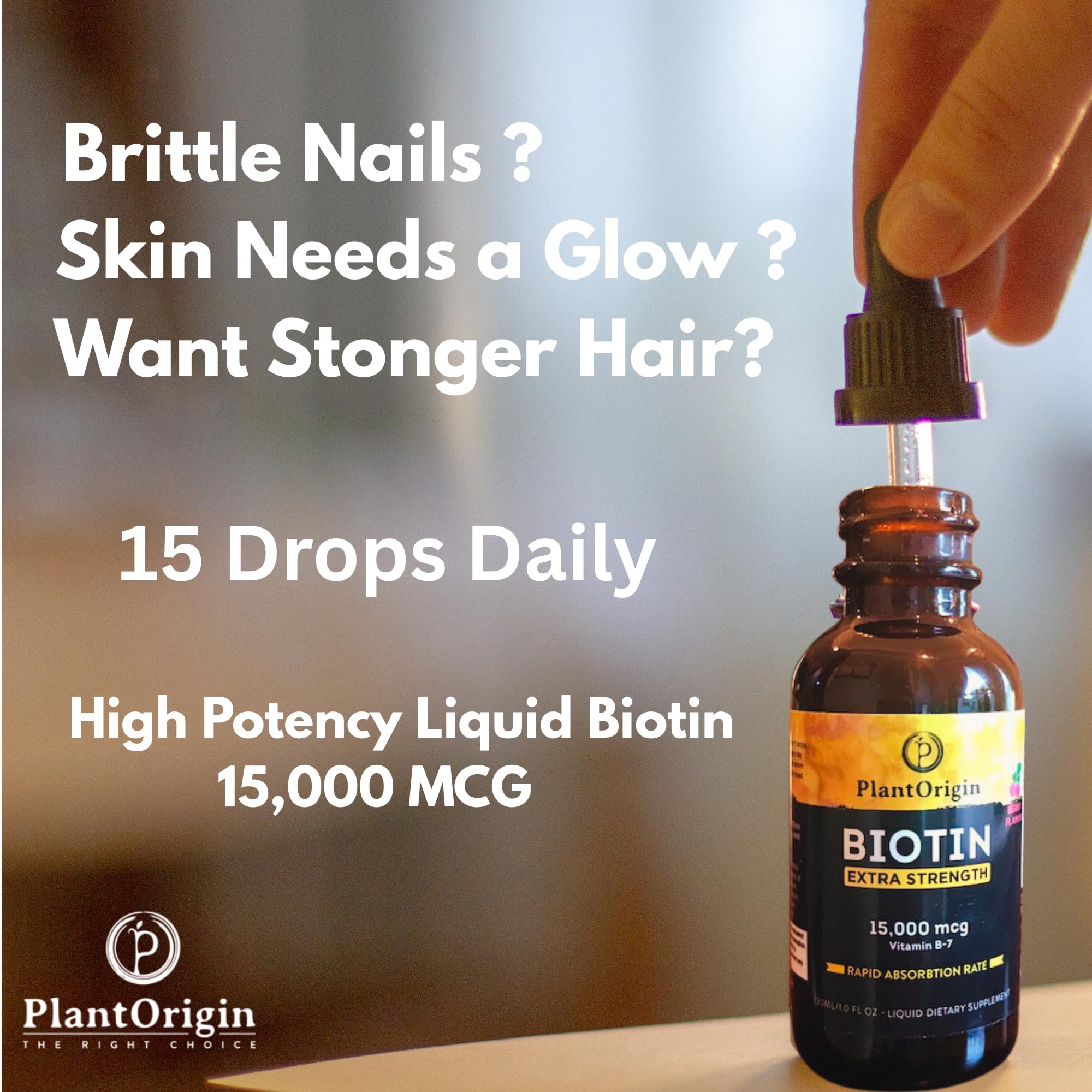 Liquid Biotin 15,000 MCG – Hair Growth, Skin & Nails Support for Women & Men | High Absorption Vitamin B7 Drops | Vegan, Kosher, Sugar-Free, No Alcohol | 60 Servings — Amazon image 3