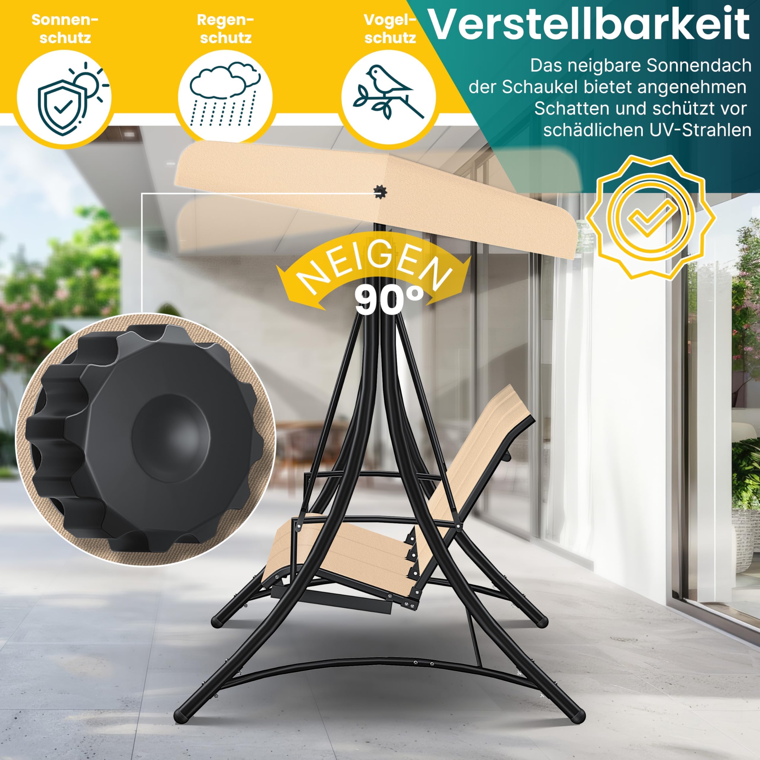 KESSER® Dondolo Hollywood con tettuccio parasole, 3 posti, portata 300 kg, sdraio da giardino antiscivolo, panca a dondolo, impermeabile, per esterni e interni (beige)