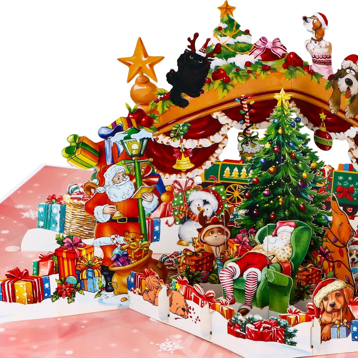 FaCraft Musical Christmas Cards, with Lights and Music, 15.4 x 10.4 inch Handmade 3D Large Pop Up Christmas Card, with Envelope Blank Insert and Seal for Winter Holidays New Year (Dogs Cats Party) - Image 8