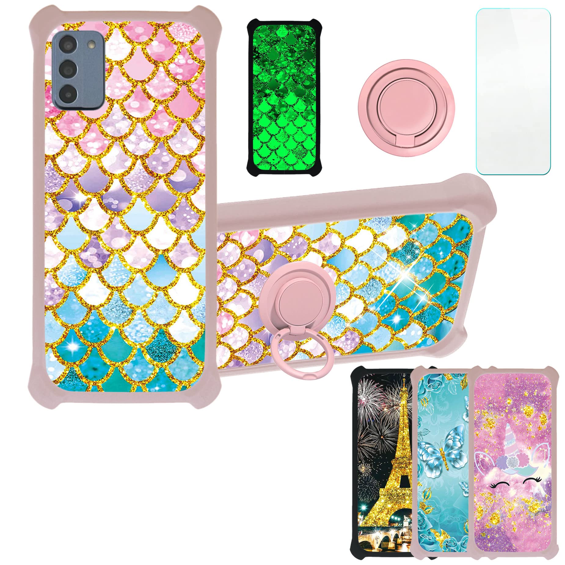 Nokia C300 Case Compatible with Nokia C300 Phone Case Cover [with Tempered Glass Screen Protector][Hard PC + Soft Silicone][Ring Support] [Gold Glitter+Luminous] JSF-YL