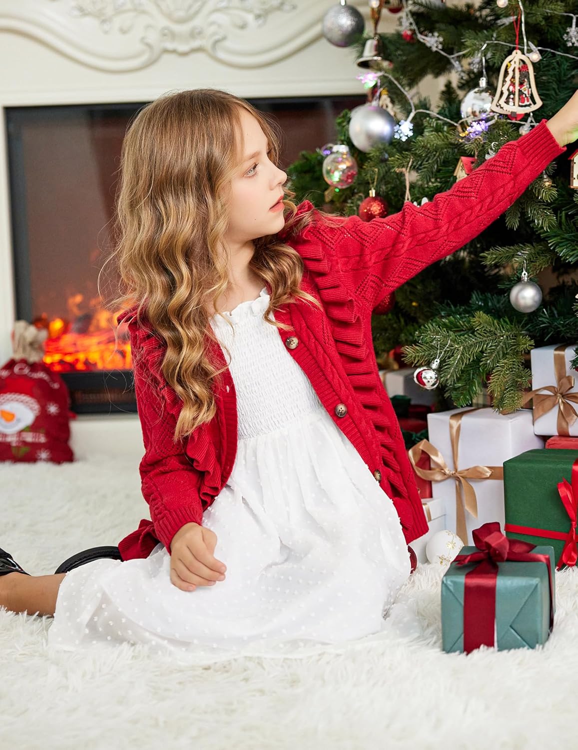 Arshiner Girls Cardigan Sweaters Ruffle School Uniform Sweater V Neck Button Front Outerwear 4-13 Years - Image 5