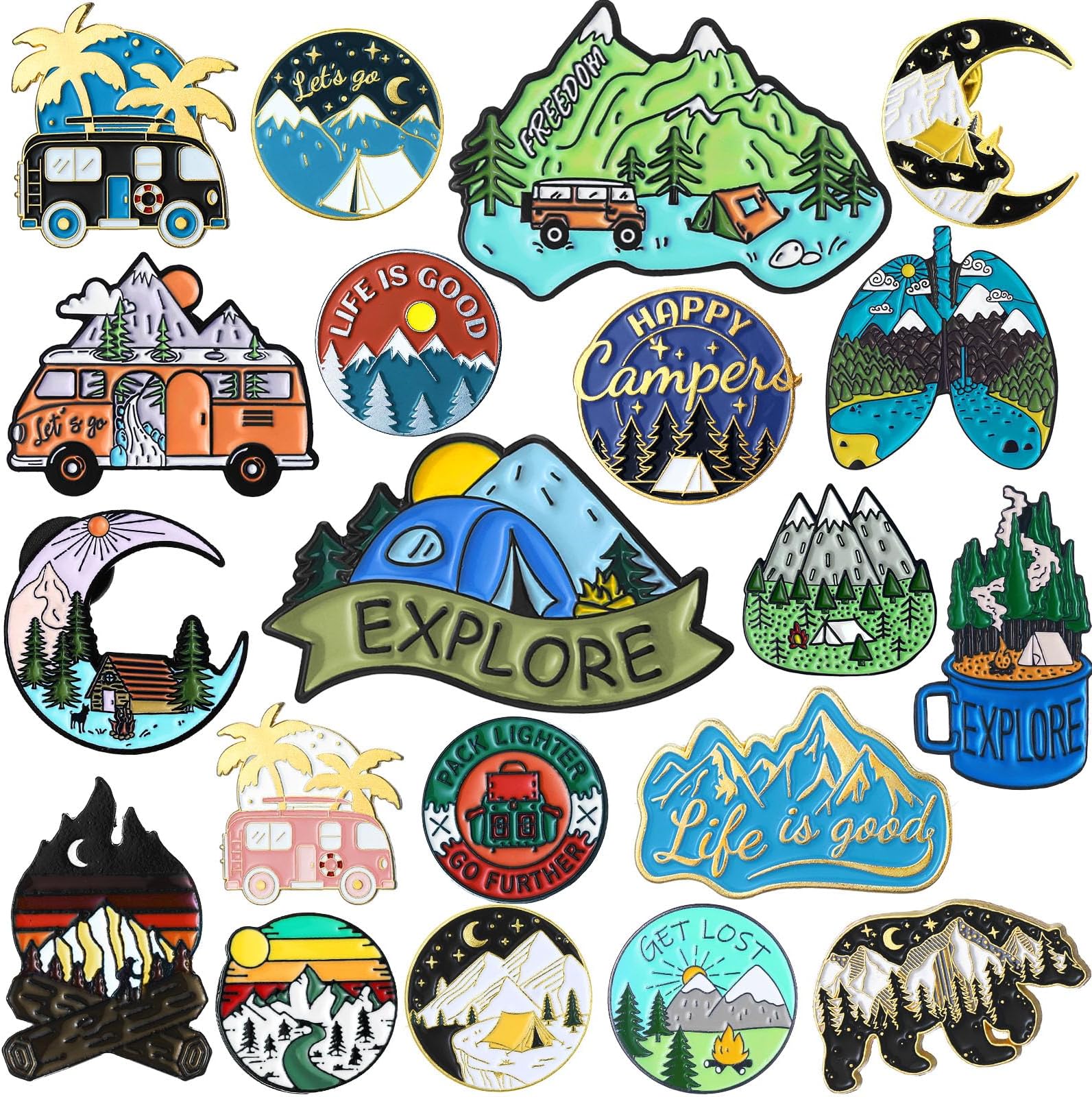 - 20 Pack Camping Enamel Pins Set - Outdoor Adventure Hiking Mountain Nature Lapel Pin Bulk, Cute Aesthetic Backpack Brooch Badges for Jackets Hats Bags, Fun Travel Gift for Women Men Campers