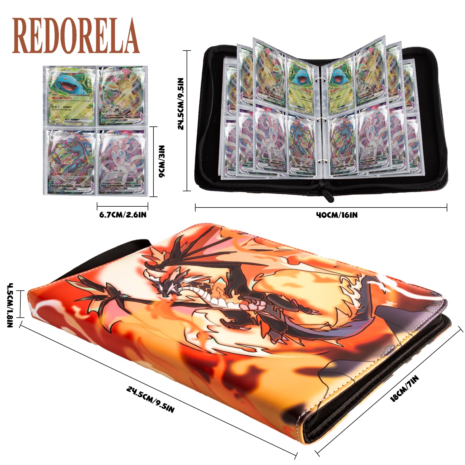 REDORELA Trading-Card-Binder 4 Pockets for Pokemon-Card-Binder Waterproof Album for Cards with Zipper Collectible Holders Sports & Game Cards Folder Portable with Wristband (Bright Orange 400Slots) - Image 2