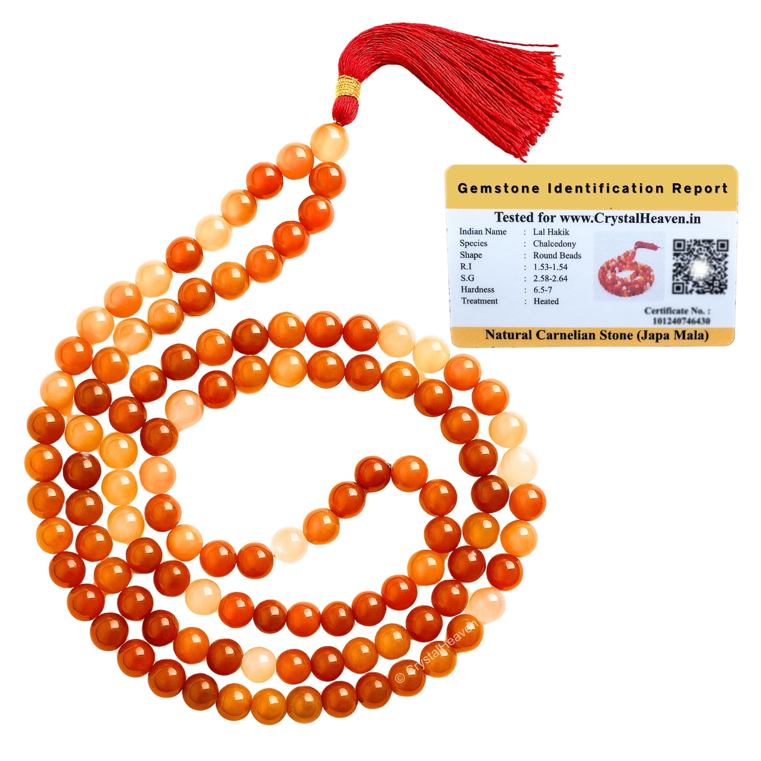 Certified Carnelian Crystal Japa Mala Saadi - 108 Beads Buddhist Prayer Beads - AAA Grade Original Healing Gemstone Agate Mala for Yoga Meditation Spiritual Reiki Feng Shui