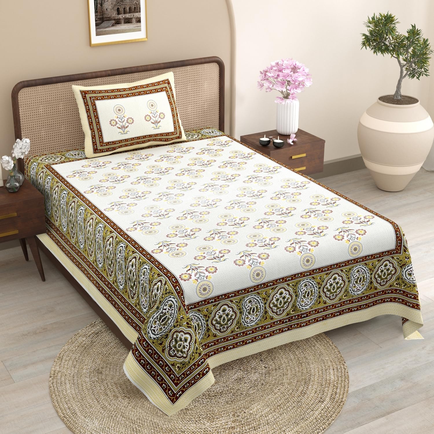 100% Cotton Single Bedsheet with Pillow Cover | Jaipuri Sanganeri Floral Print Bedding Set for Single Bed | 240 TC Soft and Breathable Cotton Bedsheet | 60x90 Inch Traditional BedSheet-image-43