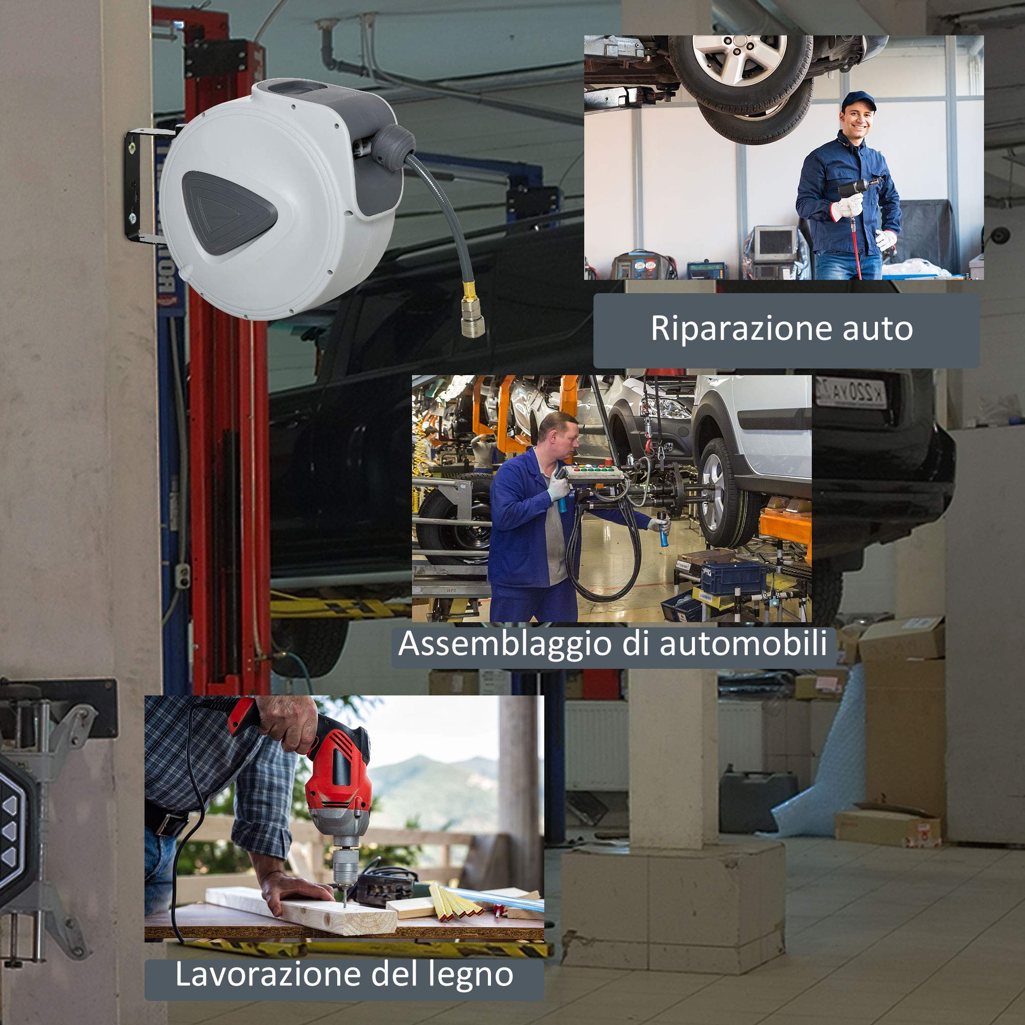 DURHAND Avvolgitubo Automatico 10m + 90cm con Attacco Φ1/4'', Pressione Max 24 Bar, Montaggio a Parete e Ruotabile di 180°, Grigio
