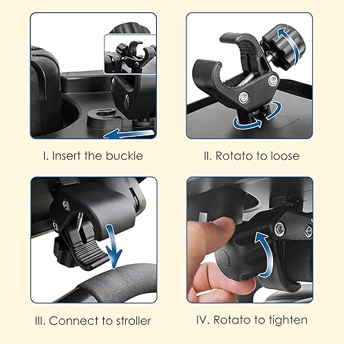 Miniatura 7 de Bandeja universal 3 en 1 para refrigerios para cochecito, bandeja universal para aperitivos con soporte para portavasos para cochecito, clip