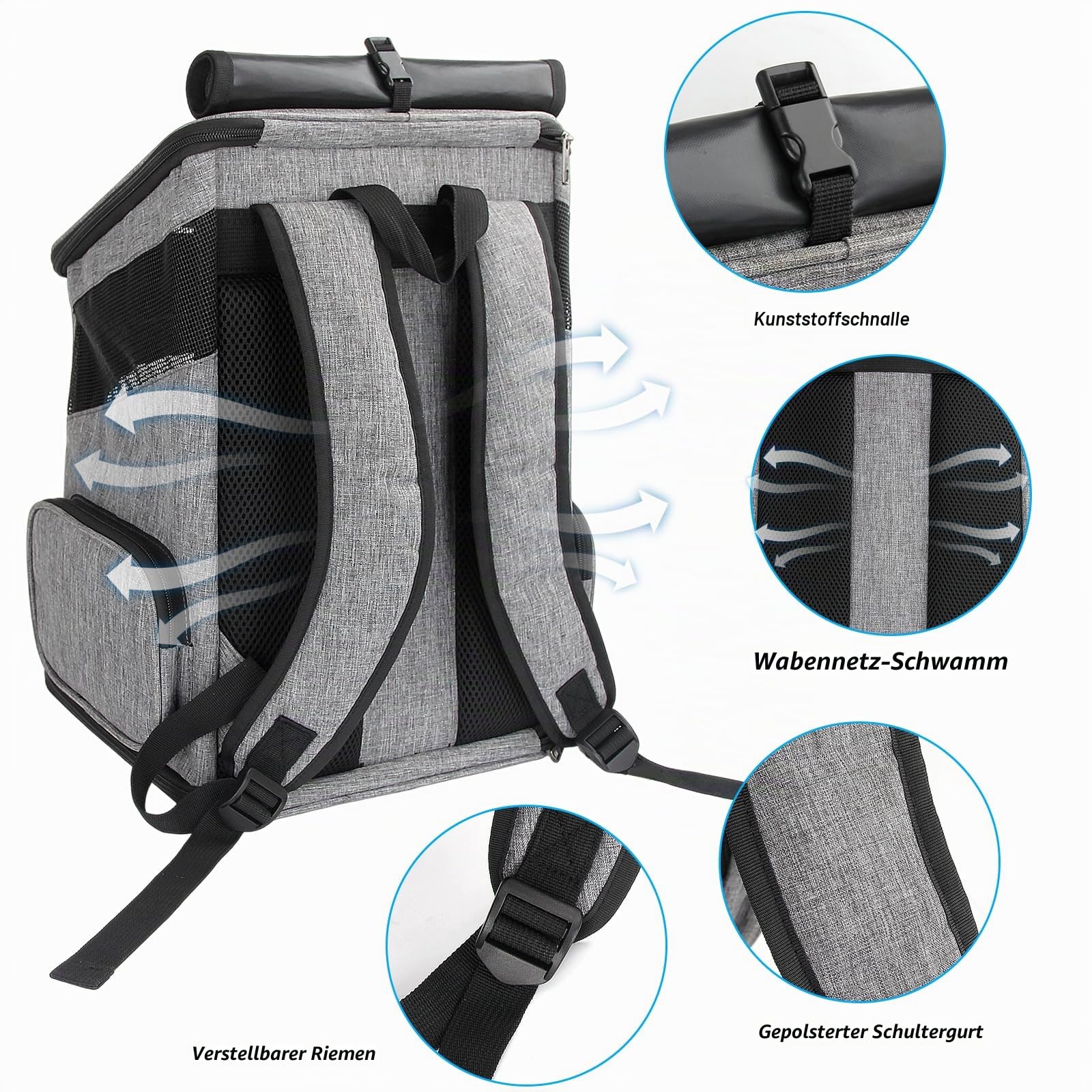 Katzenrucksack, Faltbarer Haustier-Tragerucksack für Katzen und kleine Hunde, Hunderucksack mit belüftetem Design Innensicherheitsgurt, Welpentragetasche für Wandern, Reisen, Outdoor (Grau, M)