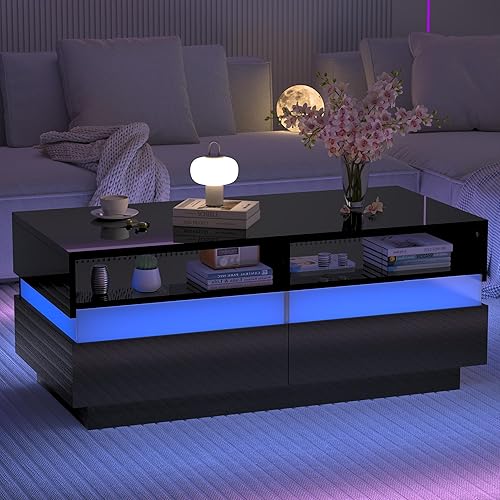 Miniatura 5 de Moderna mesa de centro LED de alto brillo con 2 cajones de almacenamiento, estante de exhibición abierto, mesa de centro negra de 2 niveles con