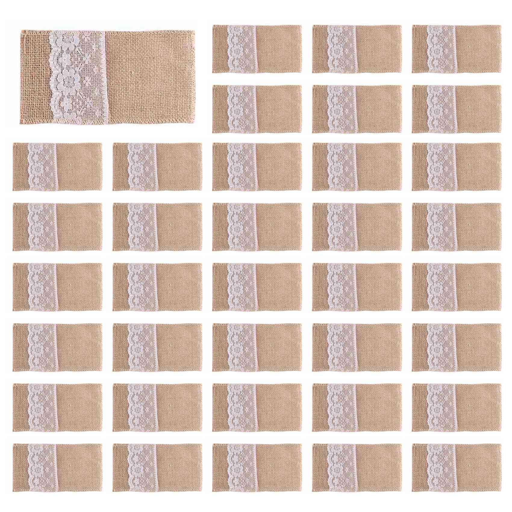 Hndhbfgrt 300Pc Burlap Lace Cutlery Pouch Rustic Wedding Tableware Knife Fork Holder Bag Hessian Jute Table Decoration Accessories