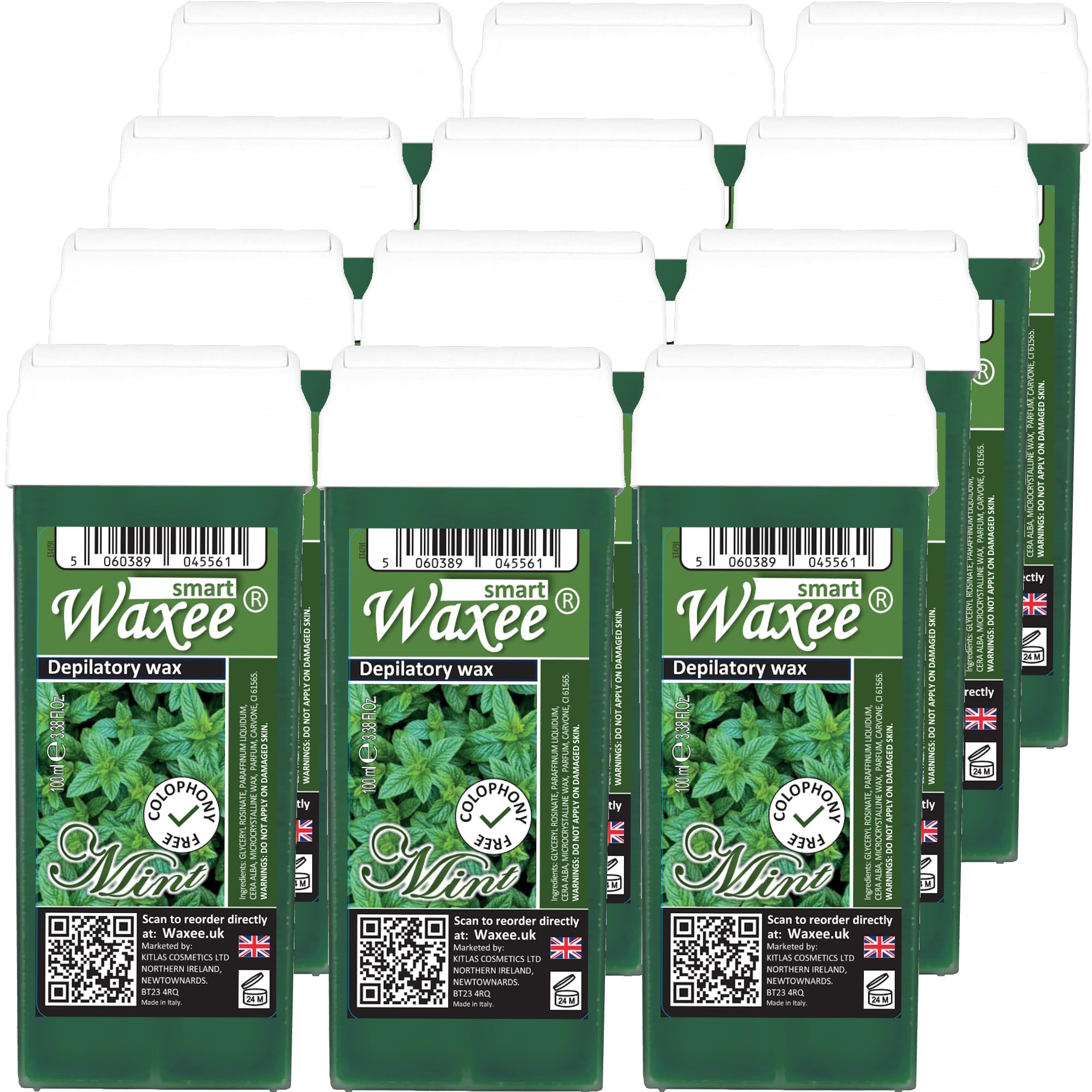 3 x 100 ml rotolo su cartuccia di cera e 50 strisce ceretta Waxee (rullo largo (gambe e corpo), verde)