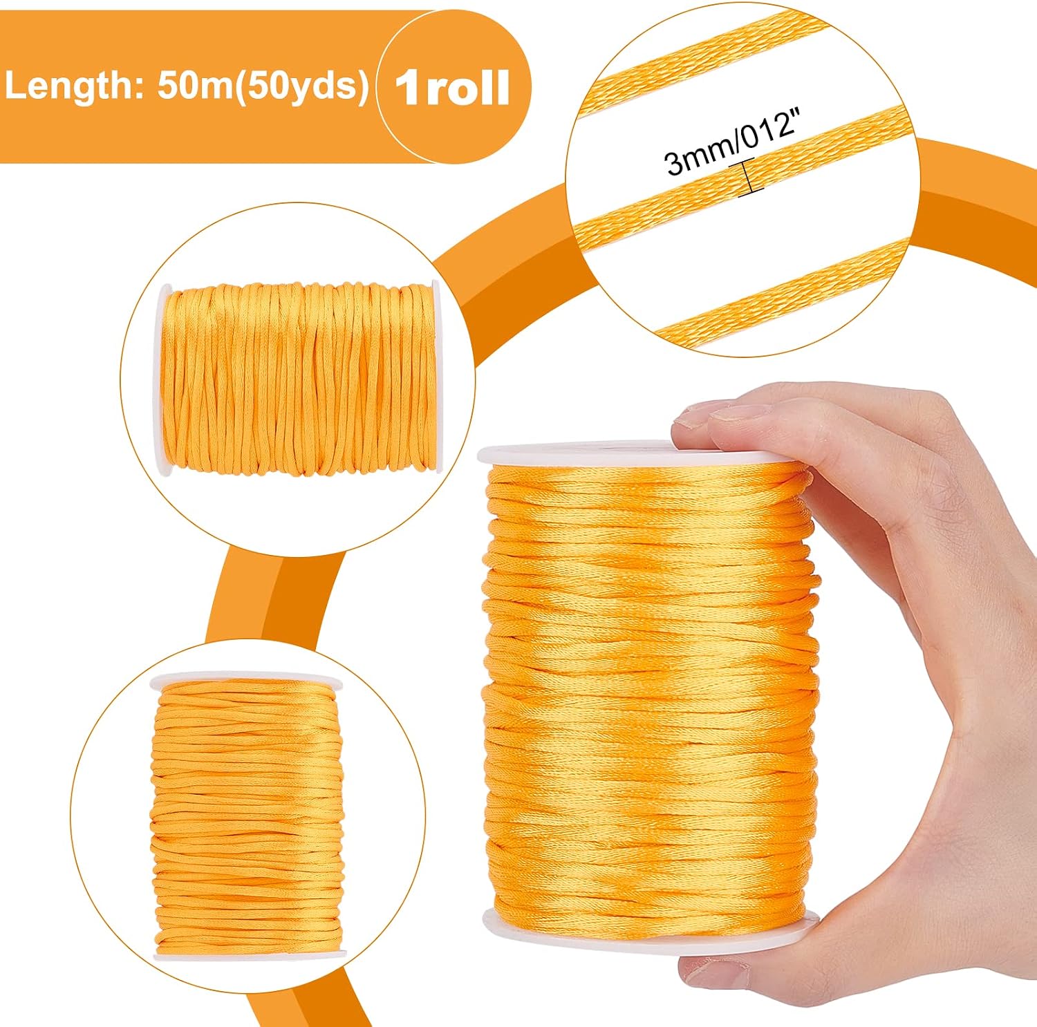 PH PandaHall 3mm Golden Rattail Cord, 54 Yards Nylon String Bracelet Craft Cord Satin Silky String Beading String Trim for Friendship Bracelet Necklace Macrame Trim Dream Catchers Braid Hair
