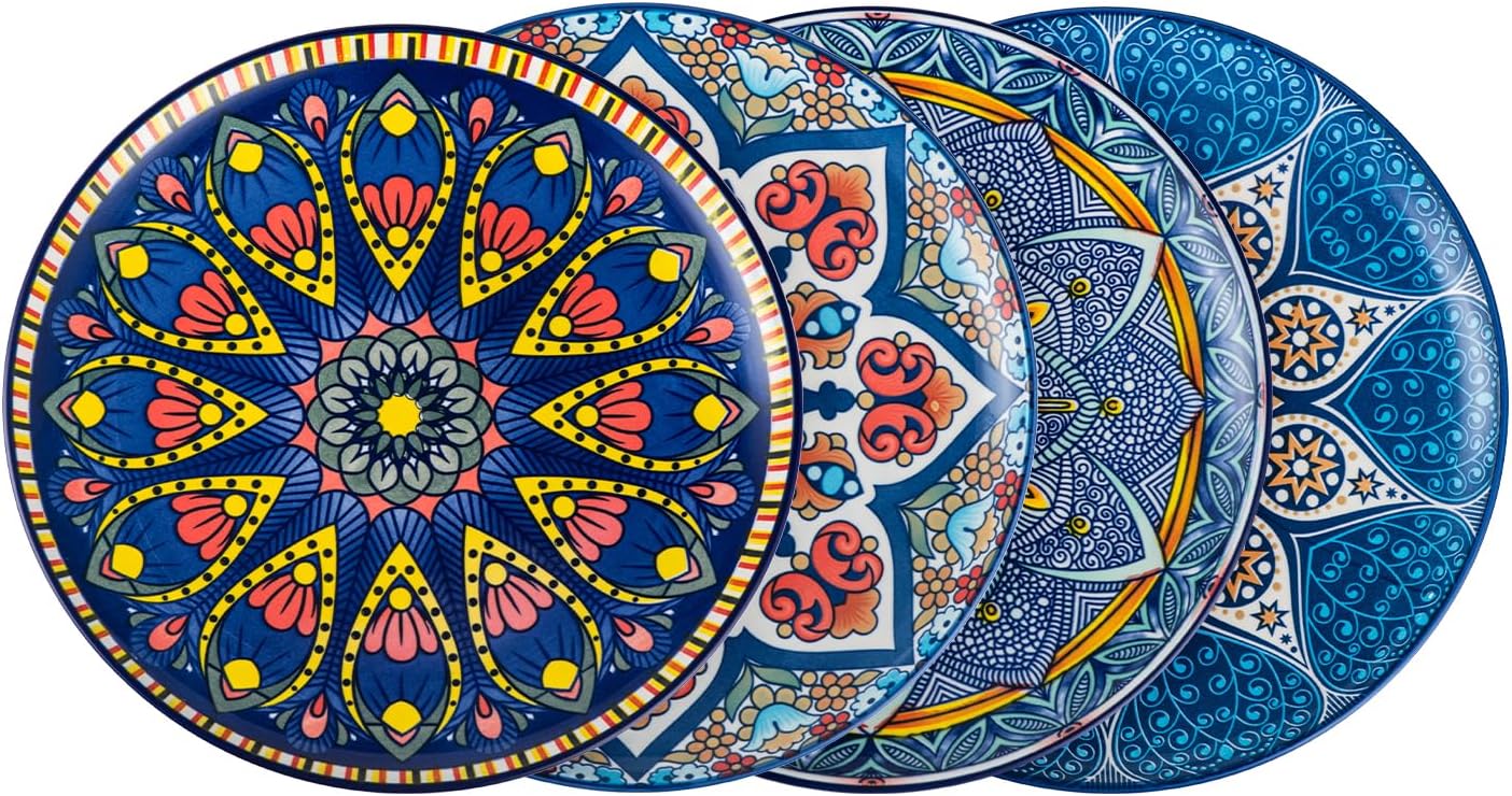 UNICASA Dessert Plates Porcelain, 8.25 Inch Colourful Salad Plate for 4 Persons, Serving Dishes with Patterns and Colours - Mandala Style