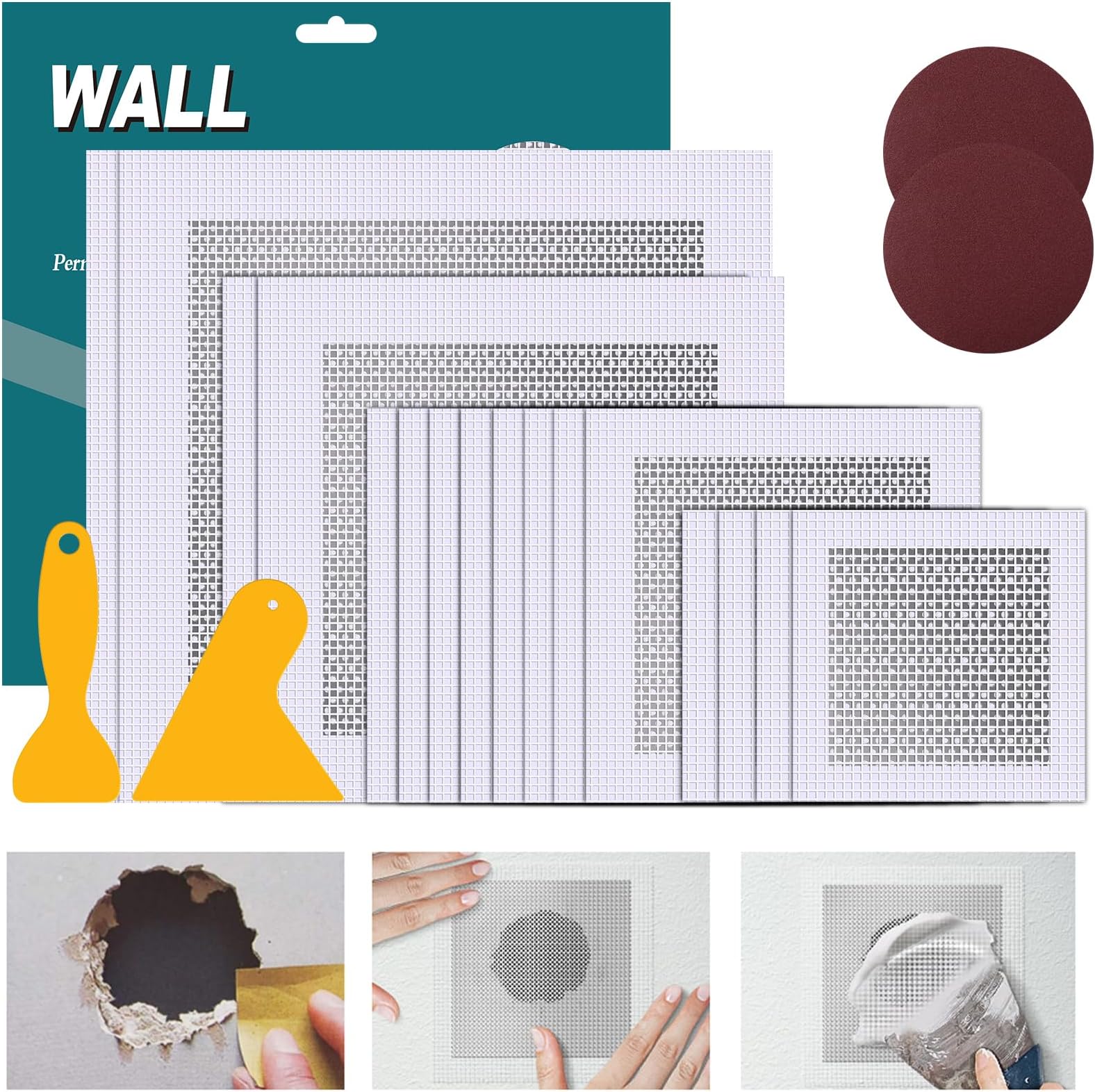 Drywall Repair Kit 12 Pieces Aluminum Wall Repair Patch Kit, 4/6/8 inch Fiber Mesh Over Galvanized Plate, Dry Wall Hole Repair Patch Metal Patch with Extended Self-Adhesive Mesh (12 Pcs)