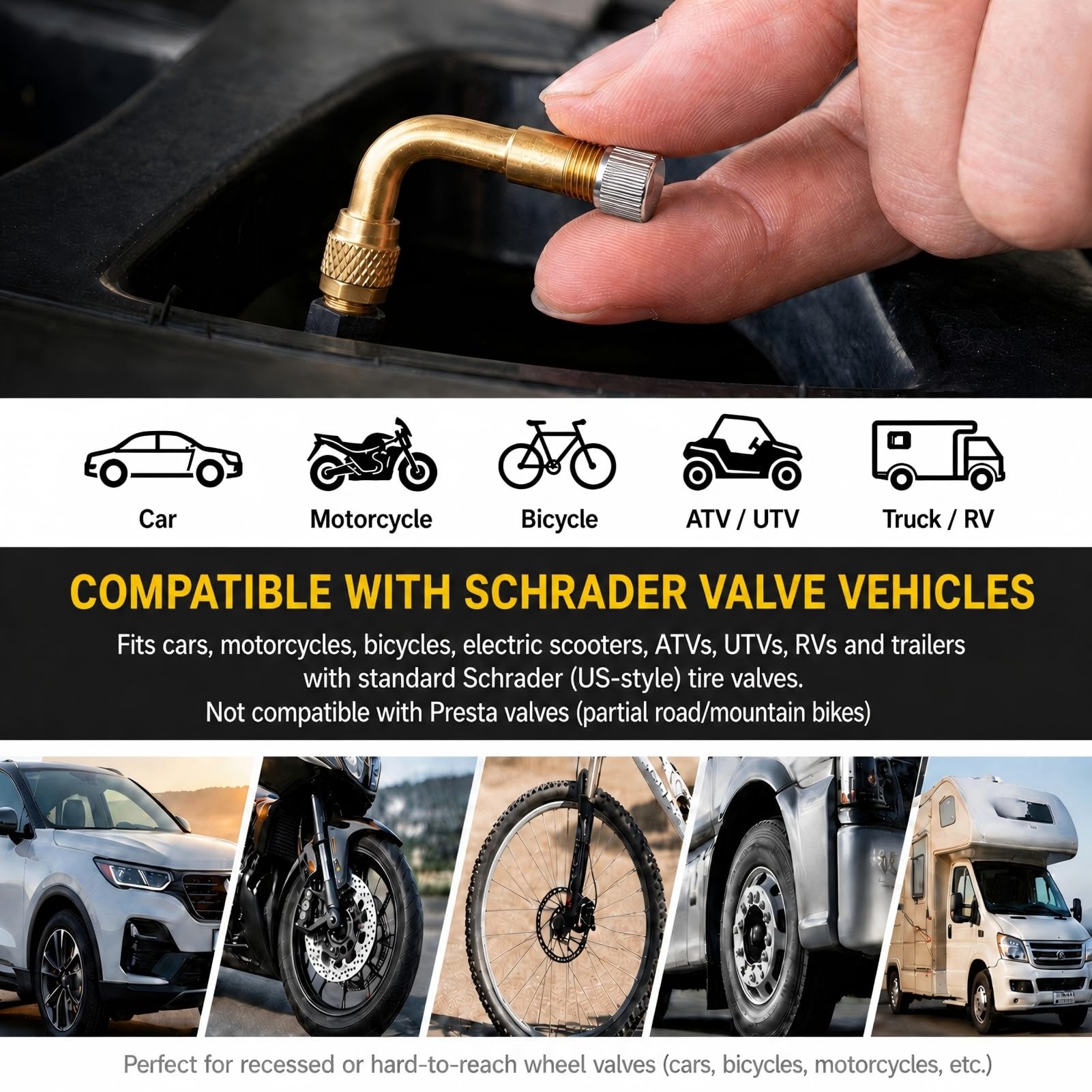2 Pezzi Prolunghe per Valvola 90 Gradi in Ottone, Prolunga Valvola Pneumatici, Adattatore Valvola ad Angolo per Valvola Auto AV, Estensione per Auto, Moto, Bici, Scooter, Camper e Carriola