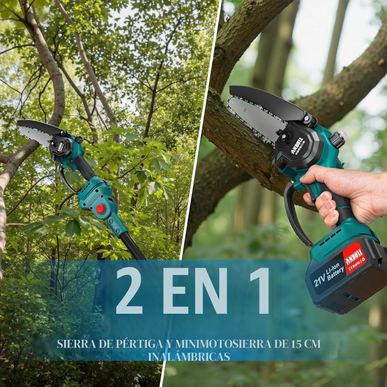 Anbull 2-en-1 Motosierra Bateria con Pértiga6" con Alcance 4.8m | 2 Baterías 4000mAh, Motor Brushless, Compatible con Baterías Makita 18V - para Jardinería
