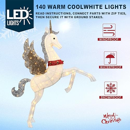 Miniatura 3 de Unicornio iluminado de 4.7 pies para decoración de Navidad al aire libre para patio, césped, jardín, Pegaso grande 3D resistente a la intemperie con