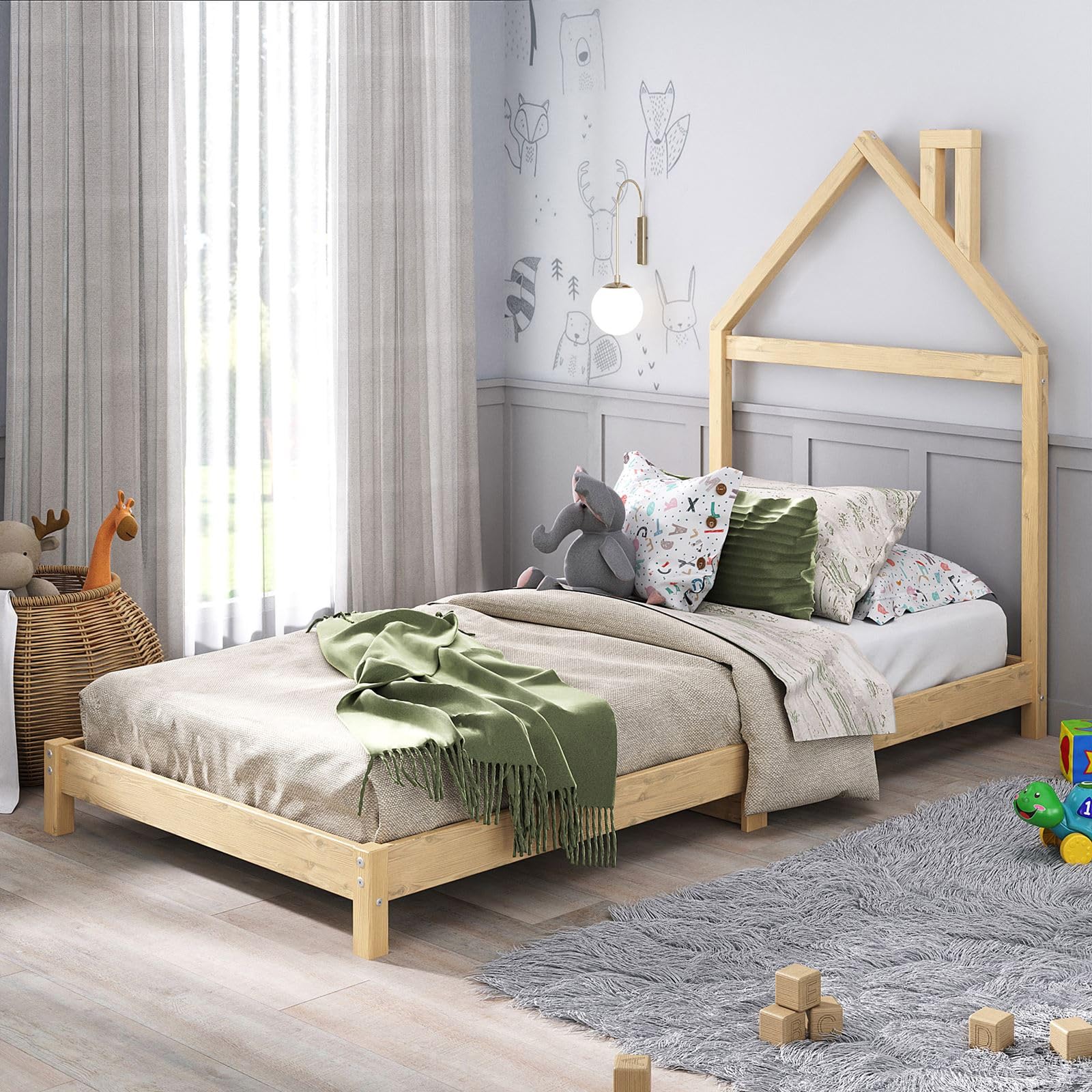 IDIMEX Kinderbett Liz 90x200 cm in Hausoptik aus Massivholz Natur - Bodenbett für einfaches EIN- und Aussteigen, Montessori Kinderzimmer