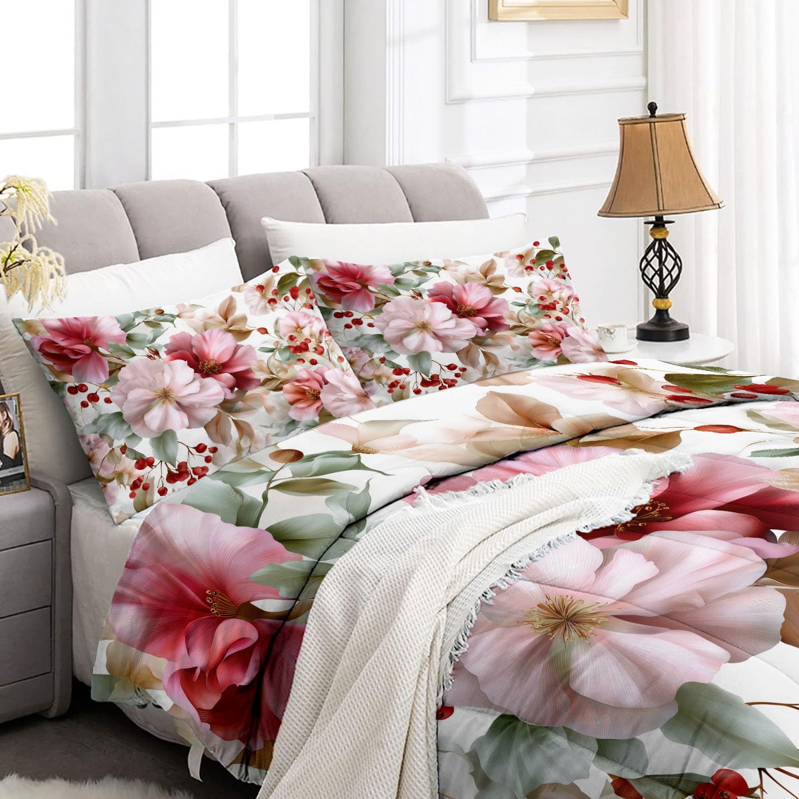 Bettdecke ohne Bezug 135x200cm, 4 Jahreszeiten Retro Pflanzen Blumen Beeren Steppdecke mit 2 Kissenbezug 80x80cm - Warme Weiche Atmungsaktive Schlafdecke Waschbar Ganzjahresdecke - Rosa