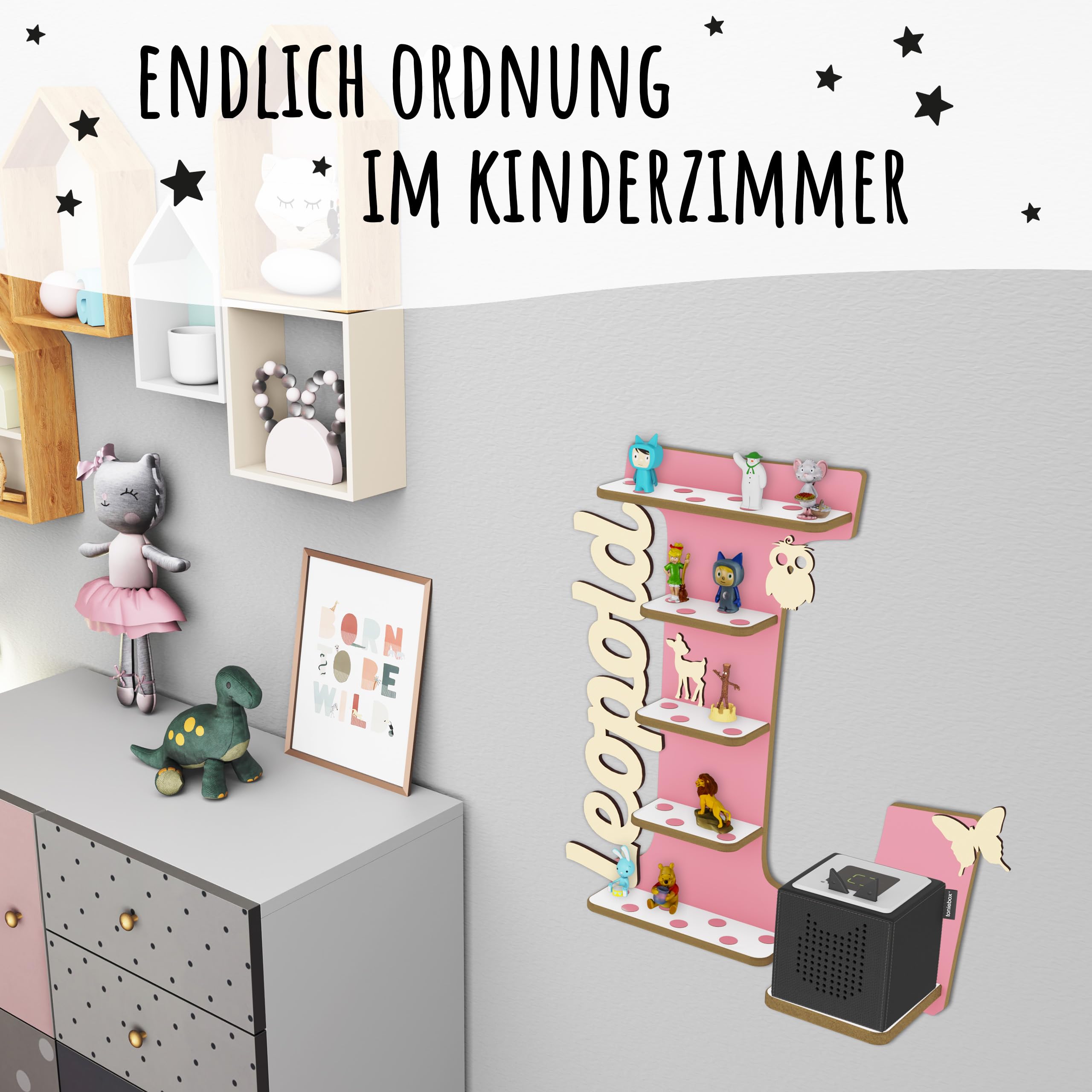 Holzura Tonie Regal für Toniebox, Toniebox Regal personalisiert mit Name und Holzsymbolen, Tonie Aufbewahrung (Buchstabe L)