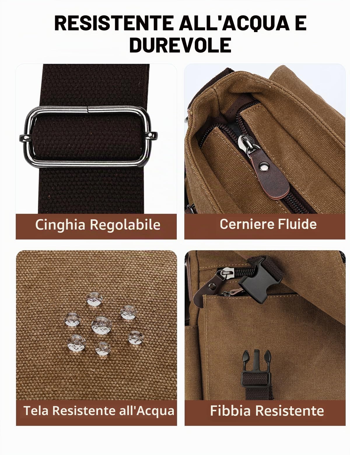 RAVUO Borse a Tracolla Uomo,Messaggero Sacchetto in Tela Resistente all'acqua da 15.6 Pollici Vintage Crossbody Daybag by Caffè