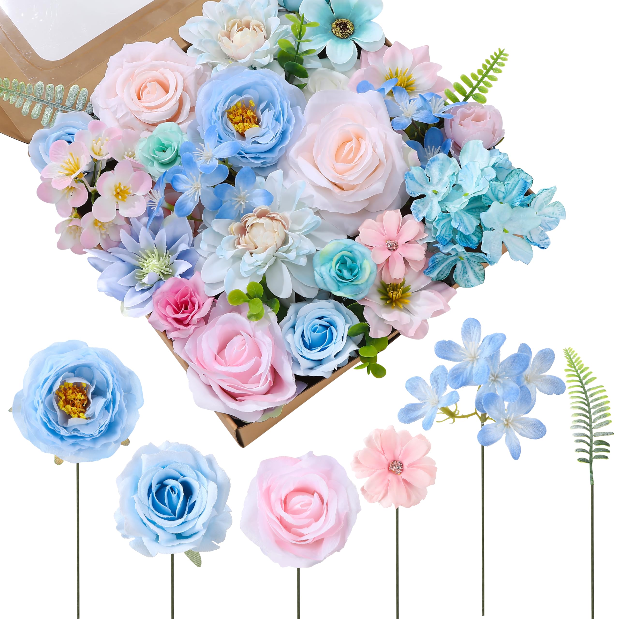 saerryor Artificial Flowers Box Fake Silk Roses Hydrangea Peony(Blue) โ image 1