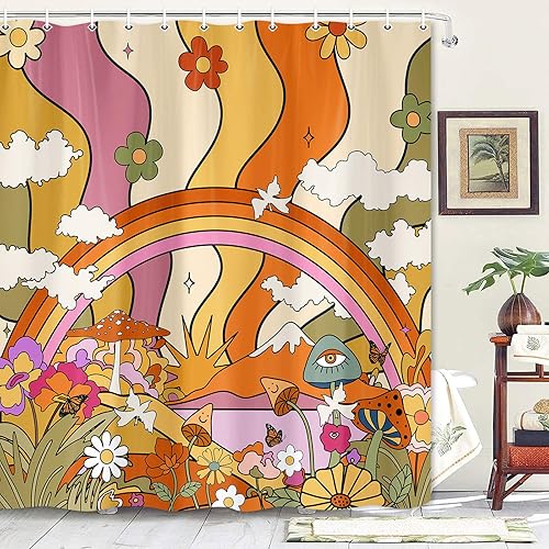 Cortina de ducha estilo japonés, estilo retro, bohemio, con diseño de hongos y flores, estilo japonés, juego de cortina de ducha estética con