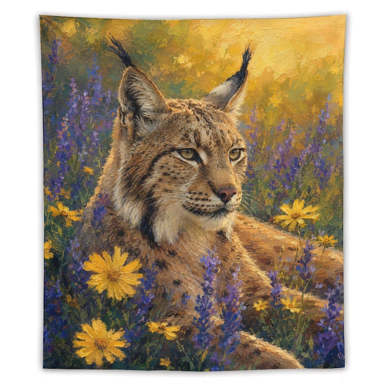 H3B8U2Y5 Lynx in Wildflowers Wall Tapestry, Realistic Illustration Style