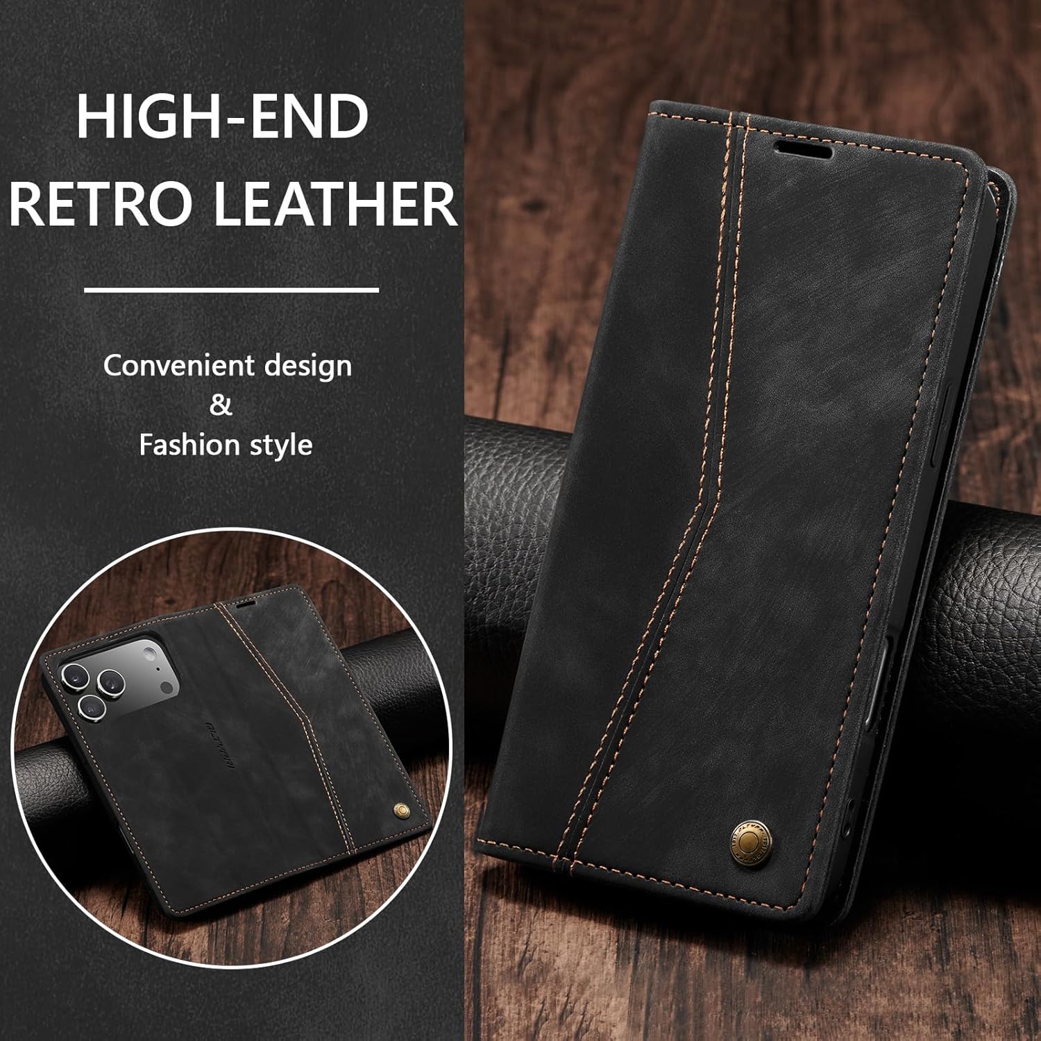 QLTYPRI for iPhone 17 Pro Max Case Wallet with Card Holder, Vintage PU Leather Kickstand Magnetic Closure Shockproof Folio Book Cover Case for iPhone 17 Pro Max - Retro Black - Image 7