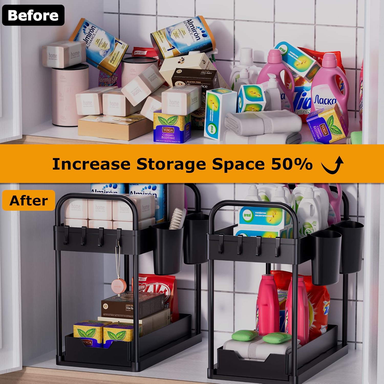 AIXPI Under Sink Organizers and Storage, 2-Tier Sliding Under Cabinet Bathroom Storage with Hooks, Hanging Cup, Handles, Multi-Purpose Under Sink Organizer for Bathroom Kitchen, Black, 2Pack