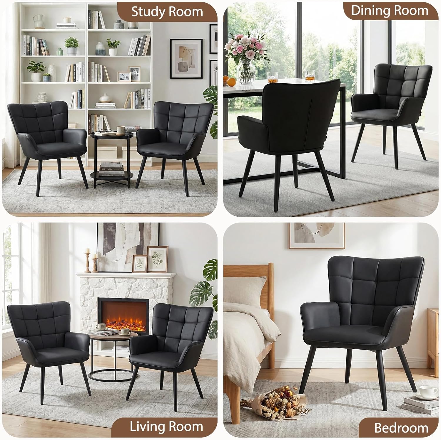 Furniliving PU Leather Armchair, Modern Mid Century Accent Chair with Backrest & Metal Legs, Comfy Upholstered Barrel Chair for Living Room Bedroom Home Office Vanity Room, Black