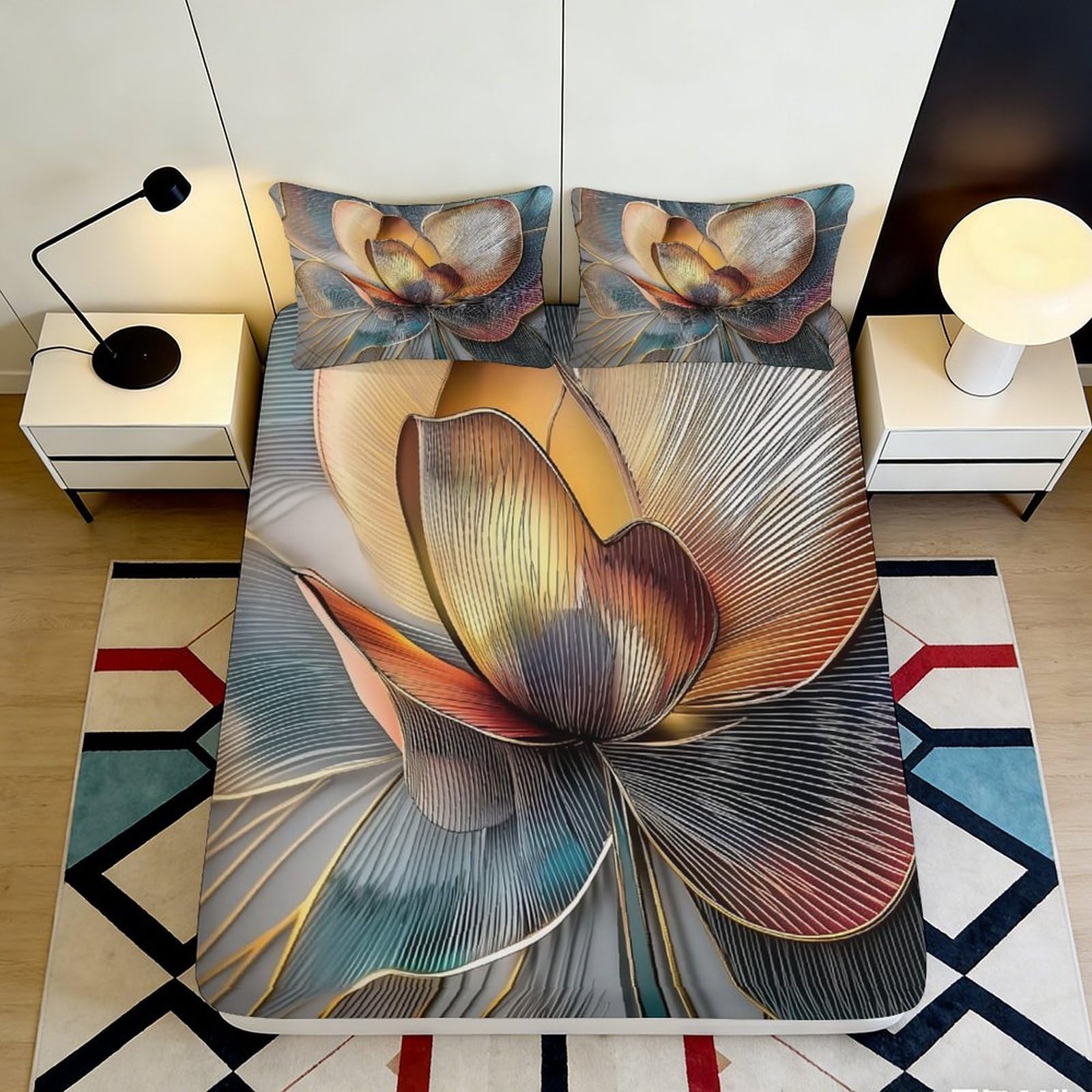 3D Printed Abstract Floral Fitted Sheet Microfiber Soft Durable Decorative 3D Printed Artistic Bed Cover for Bedroom Dormitory Guest Room Mattress Protection 200x200x25cm